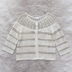 TSE Cream White Corchet Cotton Linen Crochet Cardigan Jacket Shawl Lagenlook